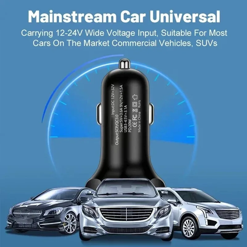6 in 1 USB 차량용 충전기 QC3.1 고속 충전 4USB+2PD 포트 차량용 시거잭 플러그 차량용 충전기 디지털 디스플레이 포함 플래시 충전
