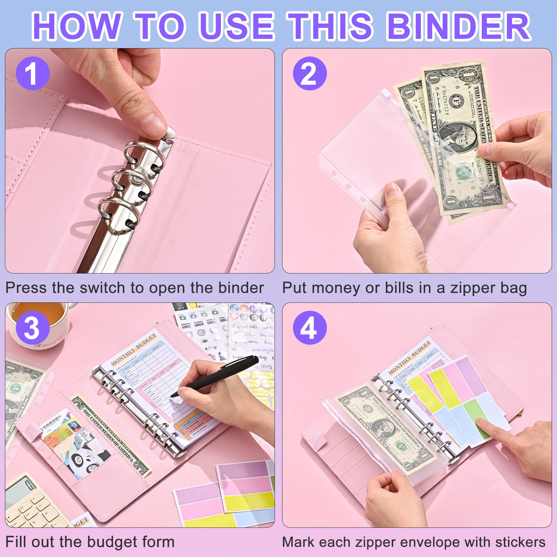 A6 Budget Binder Planner With Monthly Schedule Envelopes Colorful PU Leather Notebook Binder With 8 PCS A6 Binder Pockets 4