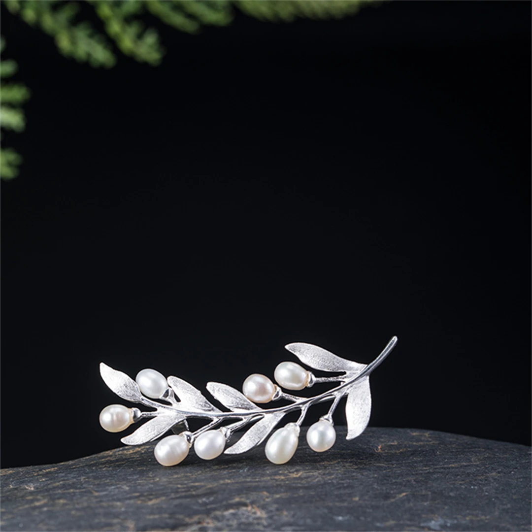 New 100% S925 Pure Silver Suit Exquisite Dress Jacket Freshwater pearl Women's Men Brooch olive Branch Accessories Jewelry 3