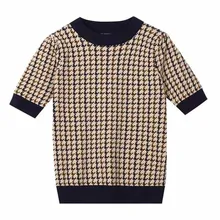 

New Women Houndstooth Loose Knitted Vest Sweater V Neck Short Sleeve Thick Casual Sweater Suits Female Waistcoat Chic Tops S-XL