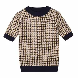 New Women Houndstooth Loose Knitted Vest Sweater V Neck Short Sleeve Thick Casual Sweater Suits Female Waistcoat Chic Tops S-XL