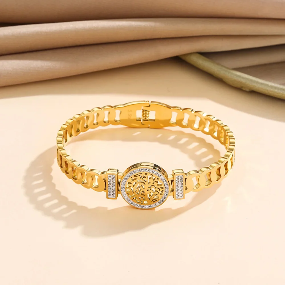 Life Tree Bangles For Men Luxury Inlaid Zircon Thick Chain Type Stainless Steel Gold Plated Bracelets Jewelry Father's Day Gifts 4