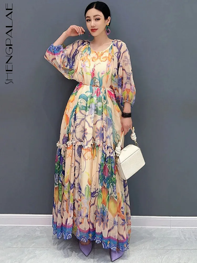 

Женское длинное платье с принтом SHENGPALAE, элегантное свободное платье с V-образным вырезом, рукавами-фонариками и широким подолом, C1031, лето 2024