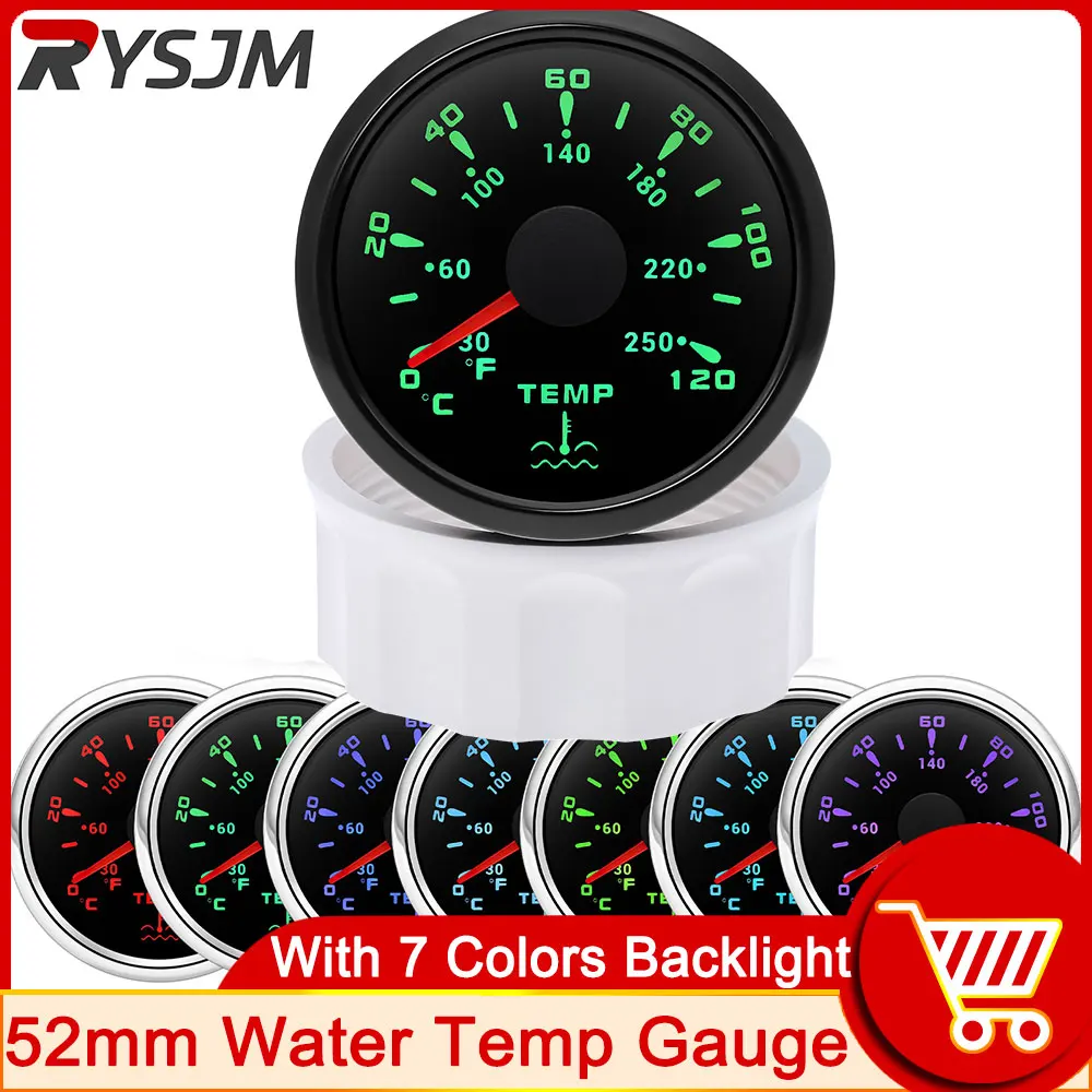 HD 52mm 7 Color LED Water Temp Gauge Black Water Temperature Meter Car Meter Gauge Accessories 0-120 Celsius 30-250 Fahrenheit