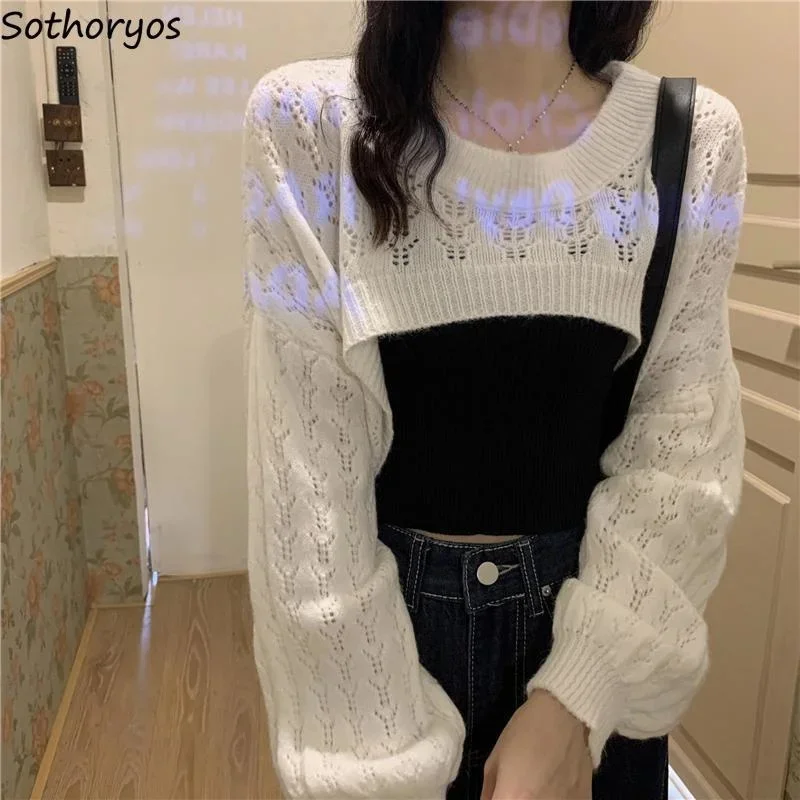 

Knitted Shrugs Women Solid Loose Crop Top Hollow Out Designer Hipster New-arrival Soft Teenagers Full Sleeve All-match Ulzzang