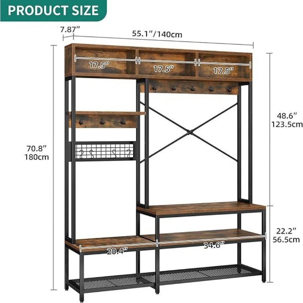 Entryway Hall Tree with Bench and Shoe Storage 55, 5-in-1 Farmhouse Freestanding Coat Rack Shoe Bench for Entrance, Living Room 3