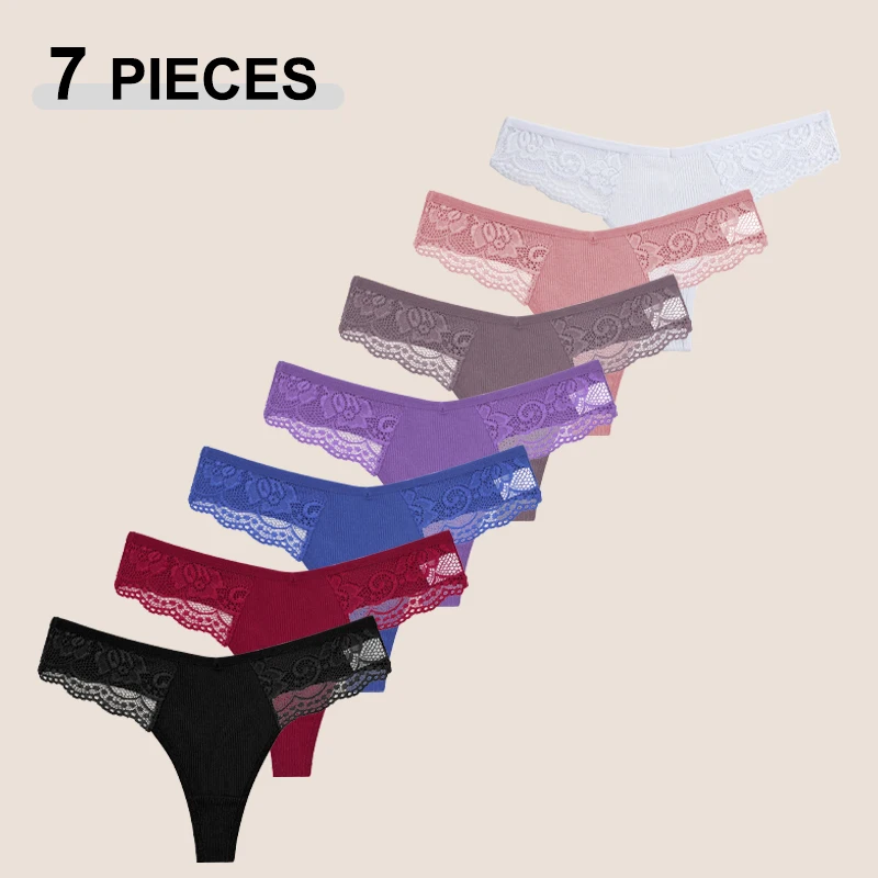 7 יחידות / מערכת נשים סקסיות תחתוני כותנה חורים פרחוניים תחתוני תחרה G-String T-Back תחתונים נשיים נושמים תחתונים אינטימיים
