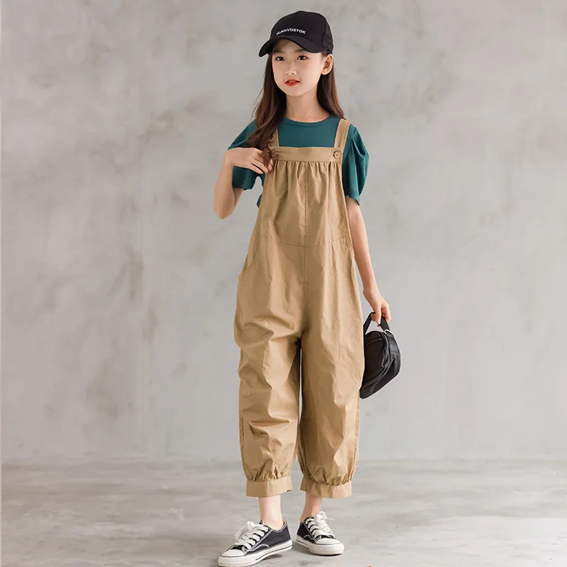 

8-16Y Kids Overalls Spring Summer Girls Cotton Jumpsuits Cropped Pants Solid Casual Breathable Children Outfits Clothes H67