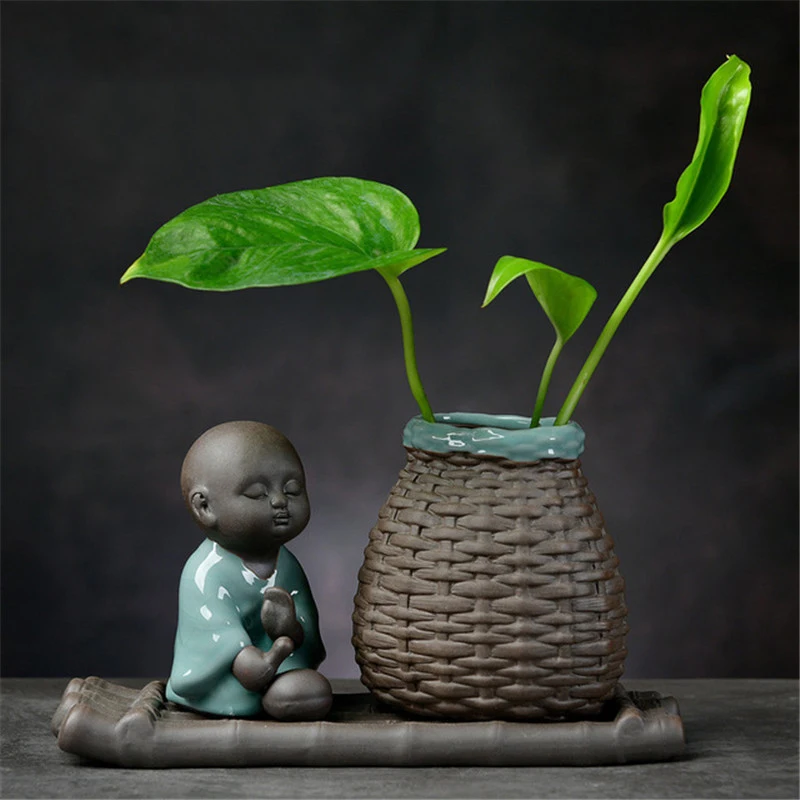 

Creative Little Monk Zen Ceramic Hydroponic Succulents Flower Pot Purple Clay Flower Vase Small Ornaments Home Living Room Decor