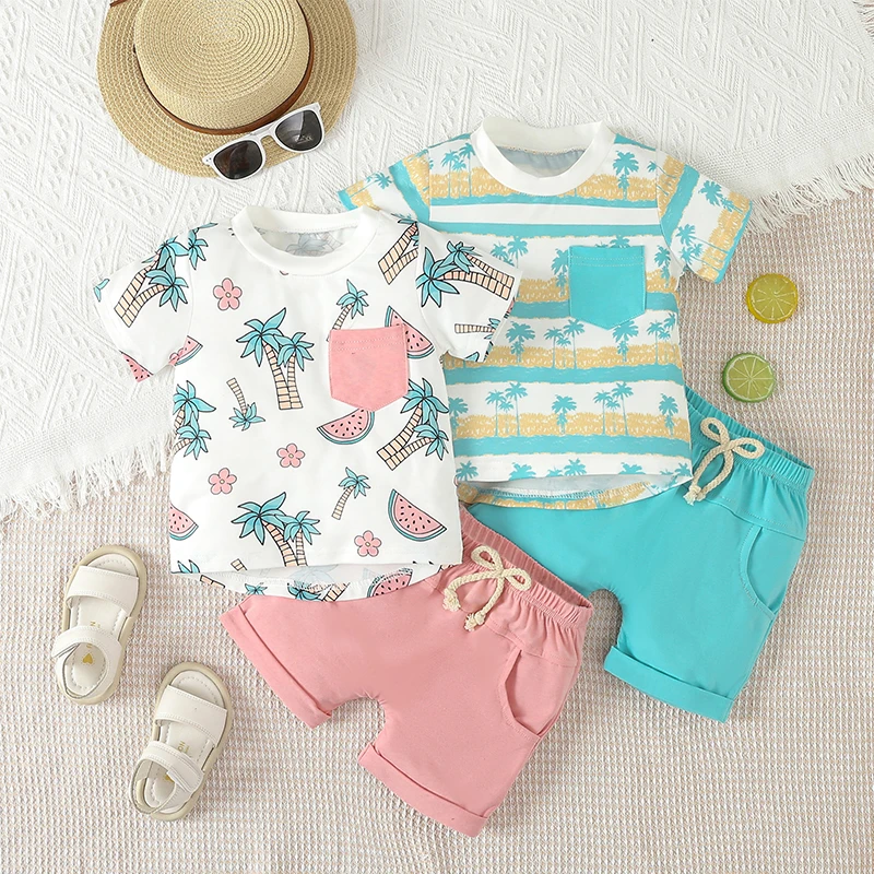 

Toddler Baby Boys Summer Hawaii Outfits Tree Print Short Sleeve T-Shirt and Elastic Shorts 2pcs Sets Summer Infant Baby Clothes