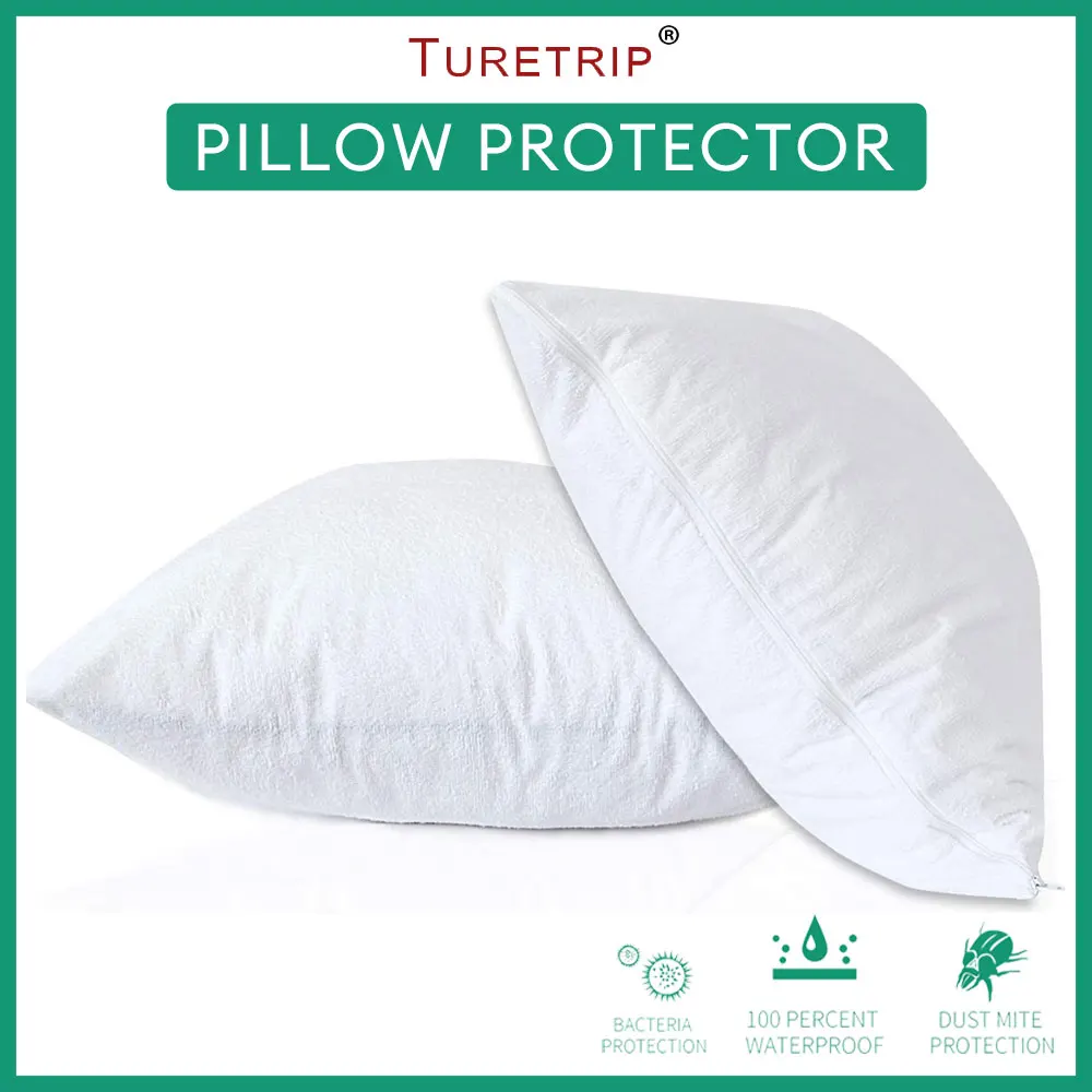 Turetrip Waterproof Pillow Protector Set of 2 Pillowcase Anti Mites Zipper Pillow Cover(Cotton Terry)