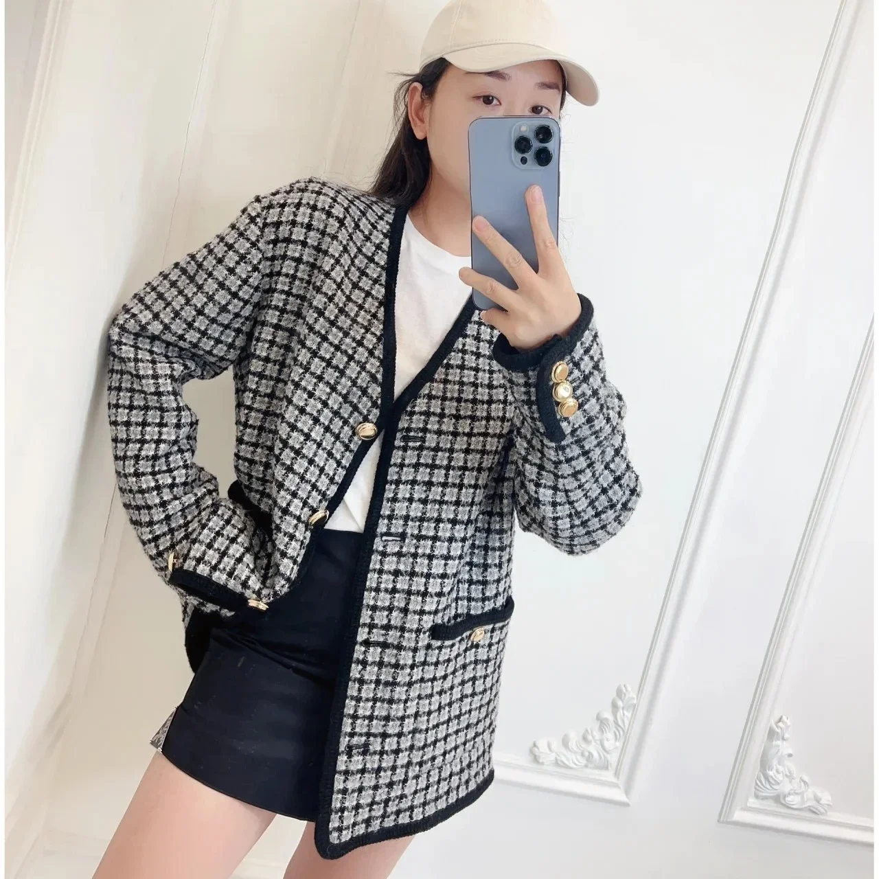

152901 Fashion Classic Trendy Luxury Design Autumn/Winter New Black Plaid Button Long Sleeve Jacket Coat Female M5