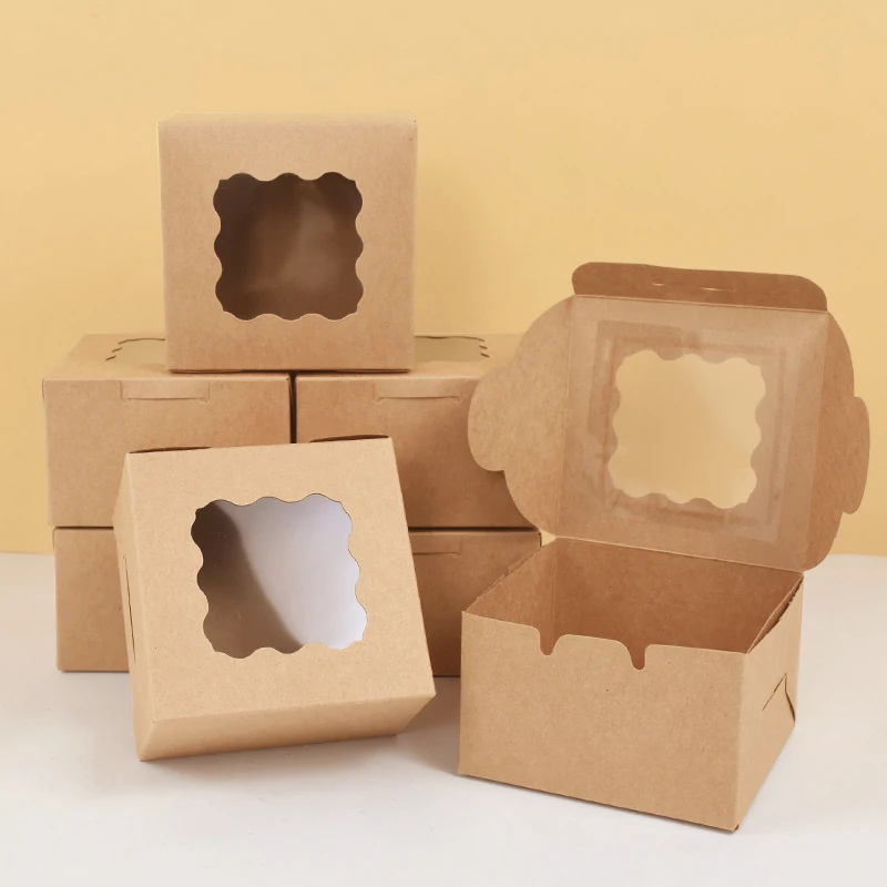 MAMUNU 10 scatole per muffin con finestra e inserti per cupcake, con corda e adesivi (marrone