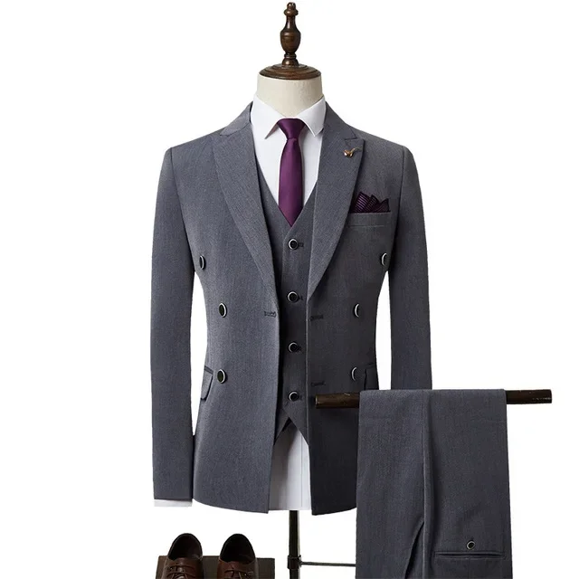 Elegant Grey Formal Business Men Suits High Quality Slim Fit Fashion Blazer Hombre Groom Tuxedo Custom 3 Piece Set Costume Homme