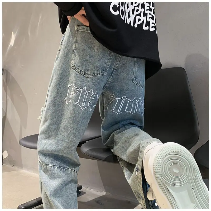 Pánské kalhoty s vyšívaným písmenem, hip hop, volné, ležérní, nové, s rozbitými otvory, streetwear, rovné džínové kalhoty, mužské kalhoty Y2K, pytlovité džíny_voghion.com