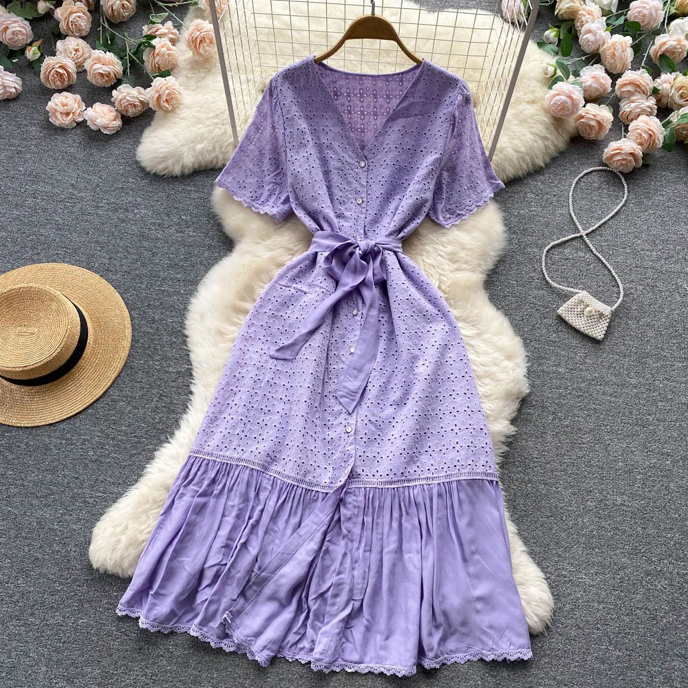 

New Summer Women V-Neck Short Sleeve Sashes Slim Long Dress High Quality Embroidery Hollow Out Patchwork Hem Elegant Dress
