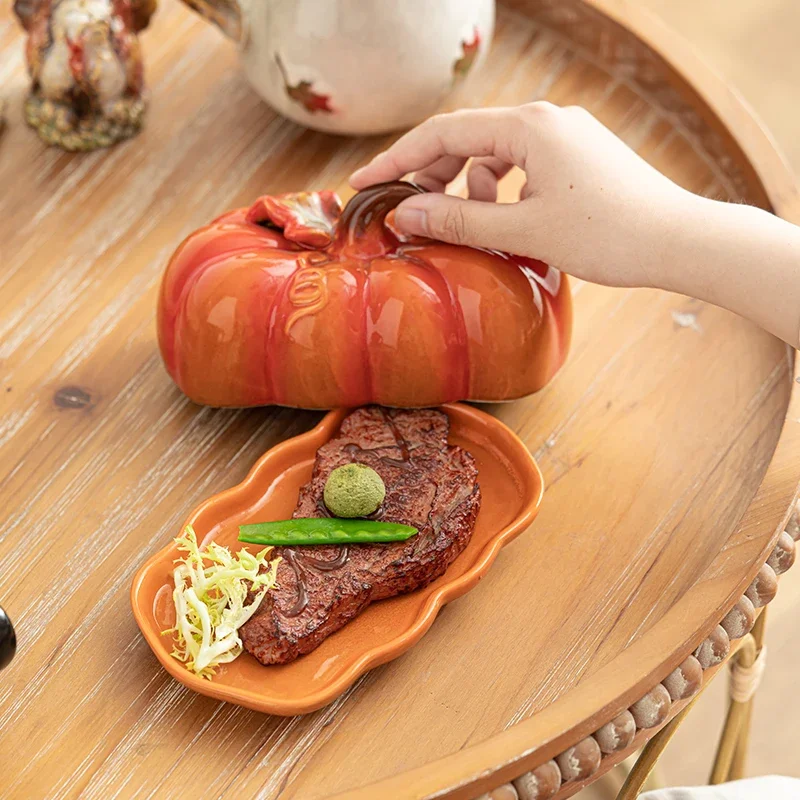 Cute and Novel Pumpkin Ceramic Dinner Plate with Lid Butter Plate Kitchen Utensils Restaurant Utensils Dinner Set Holiday