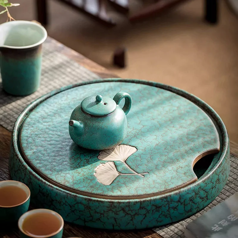 

Round Green Tea Tray Drainage Small Living Room Hospitality Perfume Tea Tray Coasters Smoking Kung Fu Bandejas Home Decorationgs