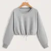 Women Long Sleeve Sweatshirt Fashion Solid Crop Top Soft Daily Loose Drawstring Hem Womens O-Neck Trendy Basic Femme Pullovers 2