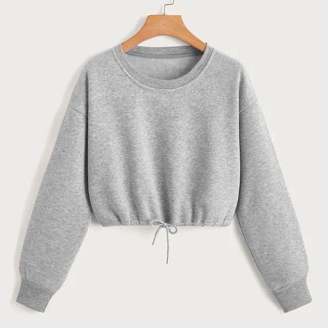 Women Long Sleeve Sweatshirt Fashion Solid Crop Top Soft Daily Loose Drawstring Hem Womens O-Neck Trendy Basic Femme Pullovers 2