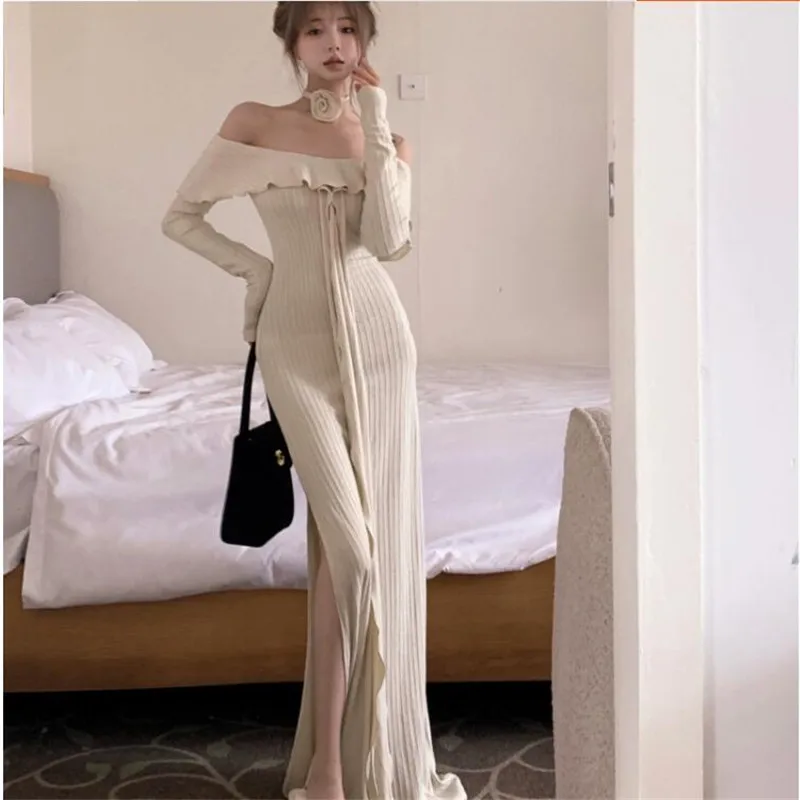 

French Summer Ruffles Boho Fairy Long Dress flower choker Fashion Off Shoulder Split Dress Long Sleeve Pencil Slim Holiday Skirt