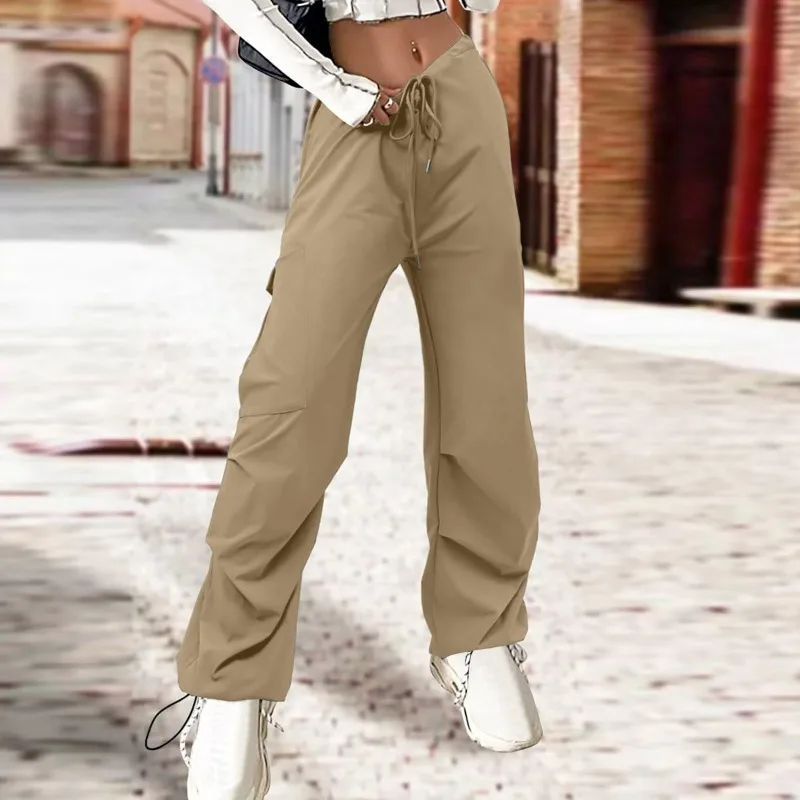 Solid Color Casual Loose Sportswear Cargo Pants Women 2023 Autumn Drawstring Pocket Mid Waist Wide Legs Trousers Streetwear