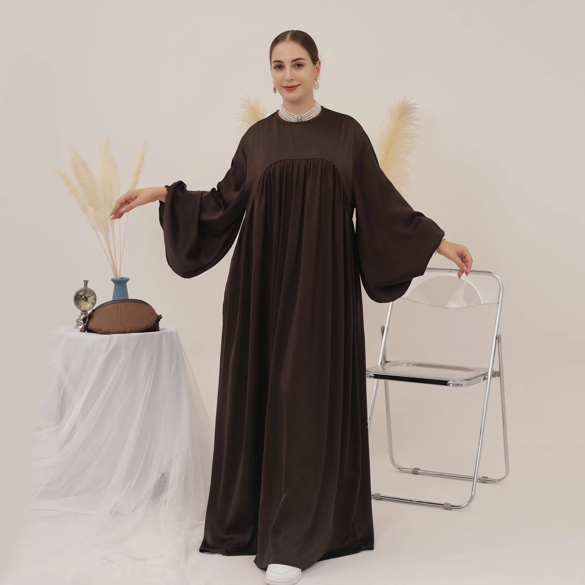 Shimmer Abaya Muslim Dress Loose Style Bishop Sleeves Islam Clothing Casual Women Dubai Hijabi Robe Ramadan Eid Kaftan(No Scarf)