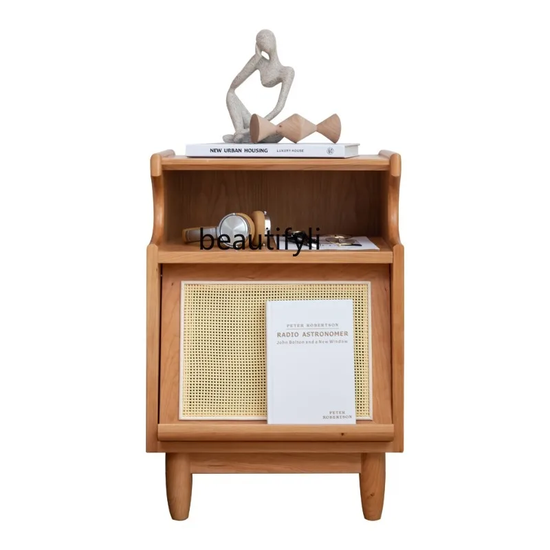 

Modern Rattan Bedside Table Nordic Bedroom Art Simple Small Apartment Cherrywood Side Cabinet Japanese Solid Wood Locker
