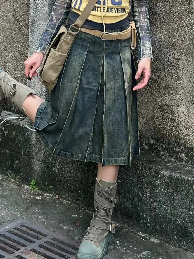 Saias jeans góticas para mulheres, estilo americano, cintura alta