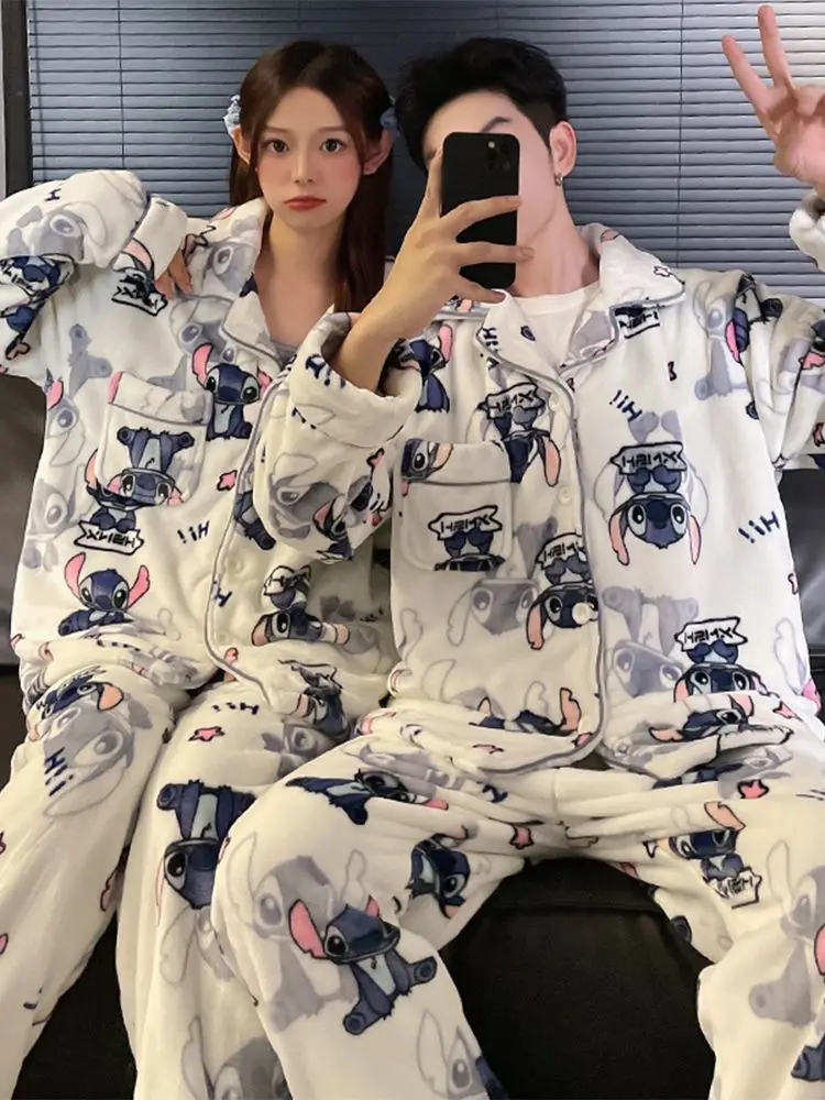 

Disney New Flannel Soft Women's Winter Pajamas Thickening Lapel Cardigan 2 Piece Outfit Set Women Cute Stitch Pajamas for Girls