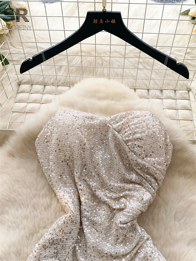 SINGREINY Sequined Senior Party Dress Women Sleeveless Off Shoulder Split Zipper Design Folds Luxury Shinny Strapless Dresses 3