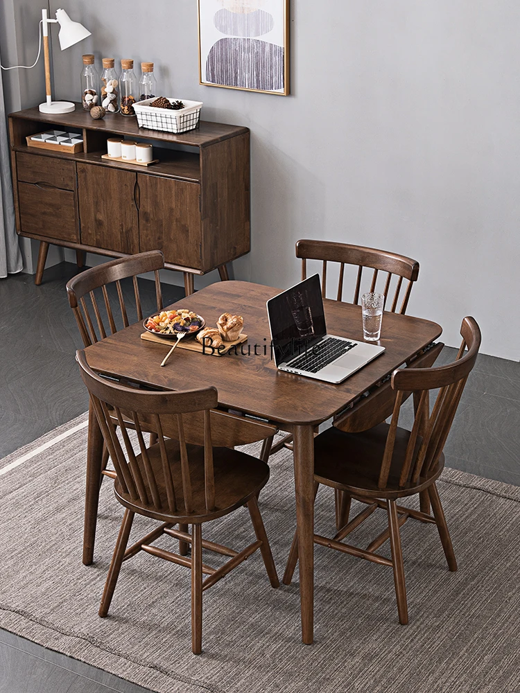 

Solid Wood Folding Square Dining Table Retractable Small Apartment Household Variable round Table and Chair Combination