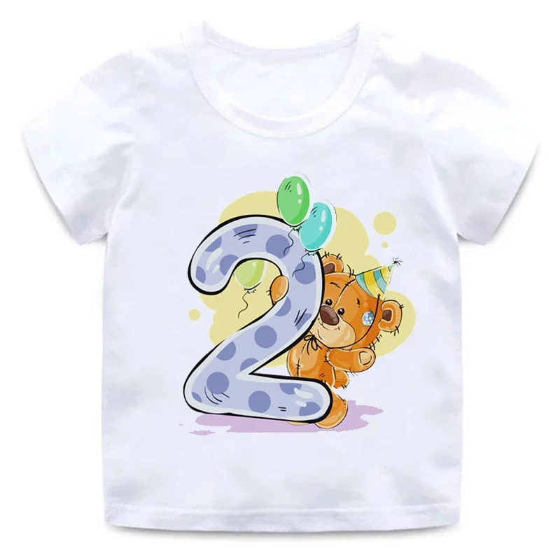 thumbnail image 1 of Camiseta de algodón con estampado de lazo y número 1-9 para niños y niñas, regalo de cumpleaños, oso de dibujos animados, divertida camiseta de cuello redondo para niños, 1 of 4