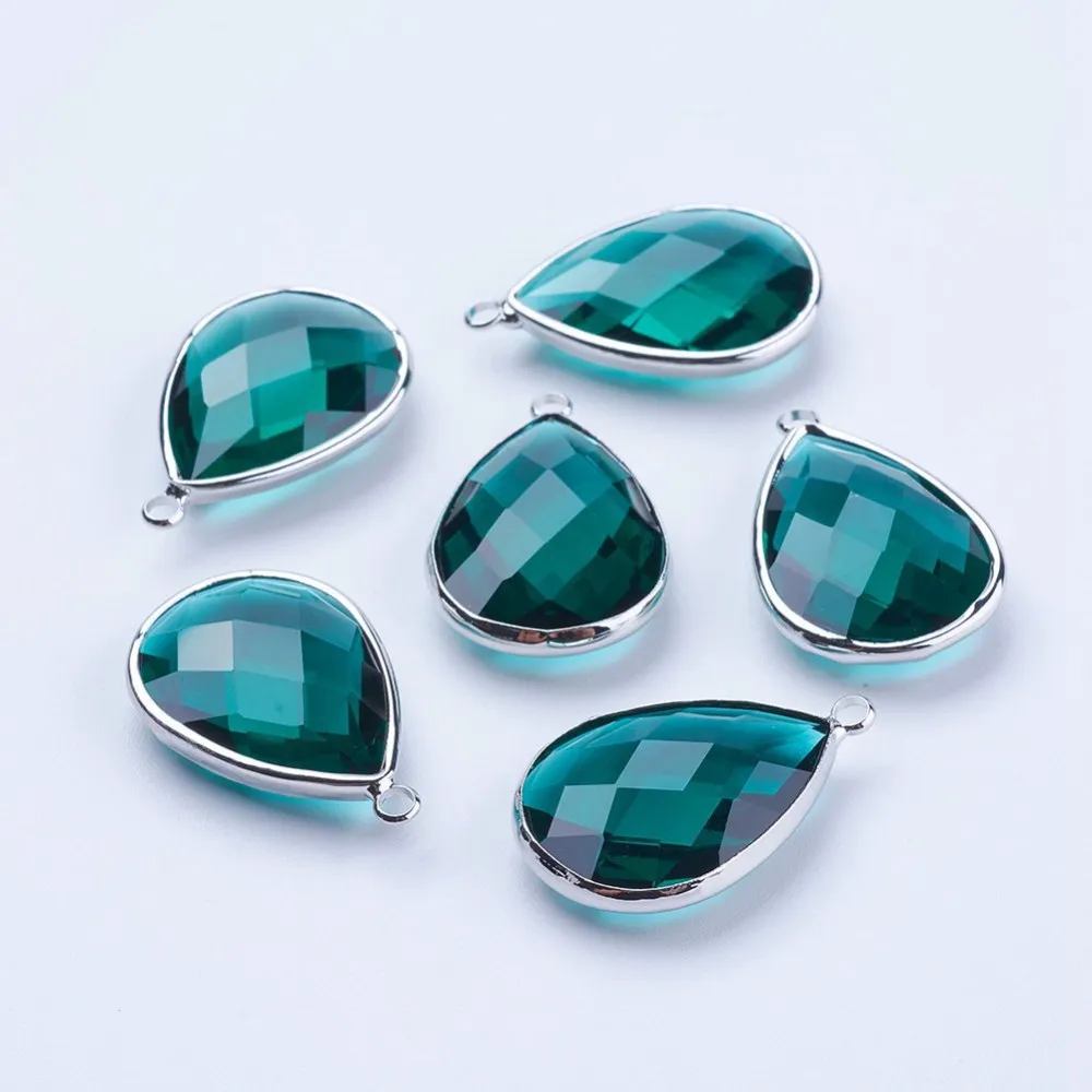 

Brass Glass Pendants Faceted teardrop Platinum Teal 29x19x7mm Hole: 2.5mm