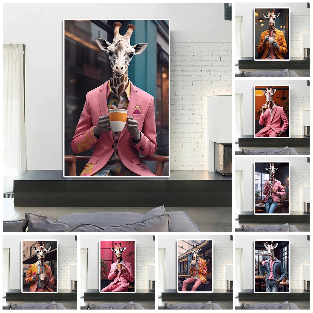 

Fashion Restaurant Animal Drinking Coffee Poster Giraffe Wearing Suit Canvas Painting Modern Pop Wall Art Living Room Home Decor