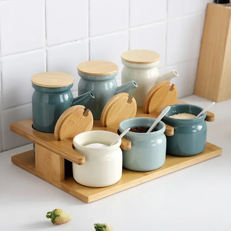 Simple and Solid Color Ceramic Salt Tank Oil Bottle Seasoning Tank Set Bamboo Board Base Set Household Kitchen Seasoning spice jar seasoning jar