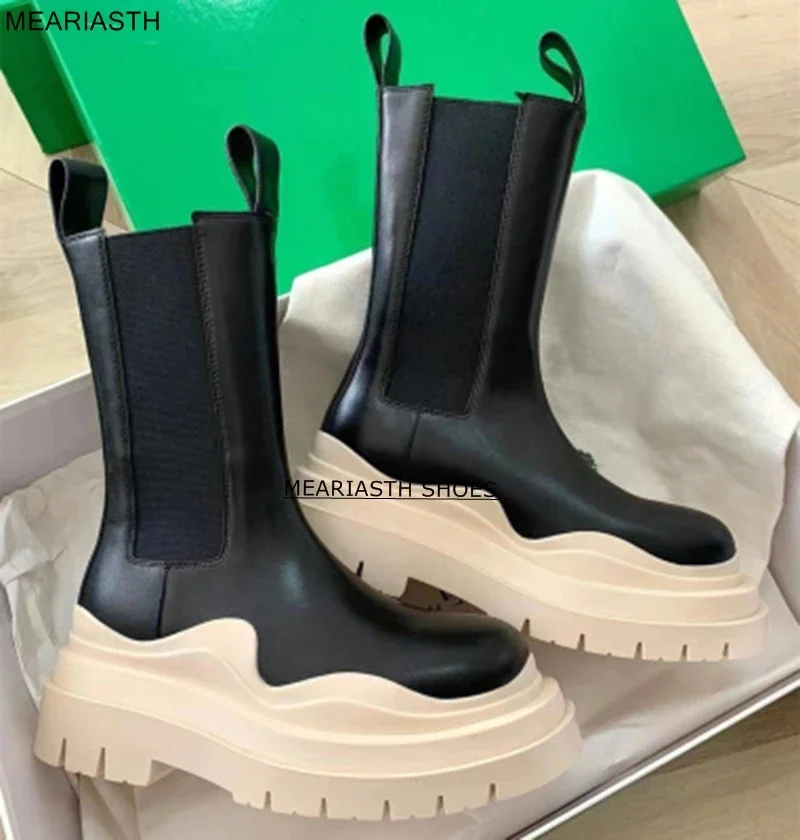 

Luxury brand Shoes Thick Sole Chelsea Boots Women Flat Platform Mid Calf Knight Boots Female Casual Motorcycle Boots Botas Mujer