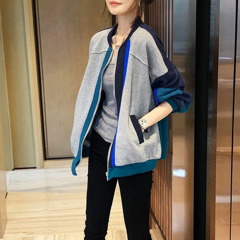 

2023 New Spring and Autumn Fashion Trend Contrast Color Panel Outwear Casual Loose Thin Women's Sports Jacket Baseball Jersey