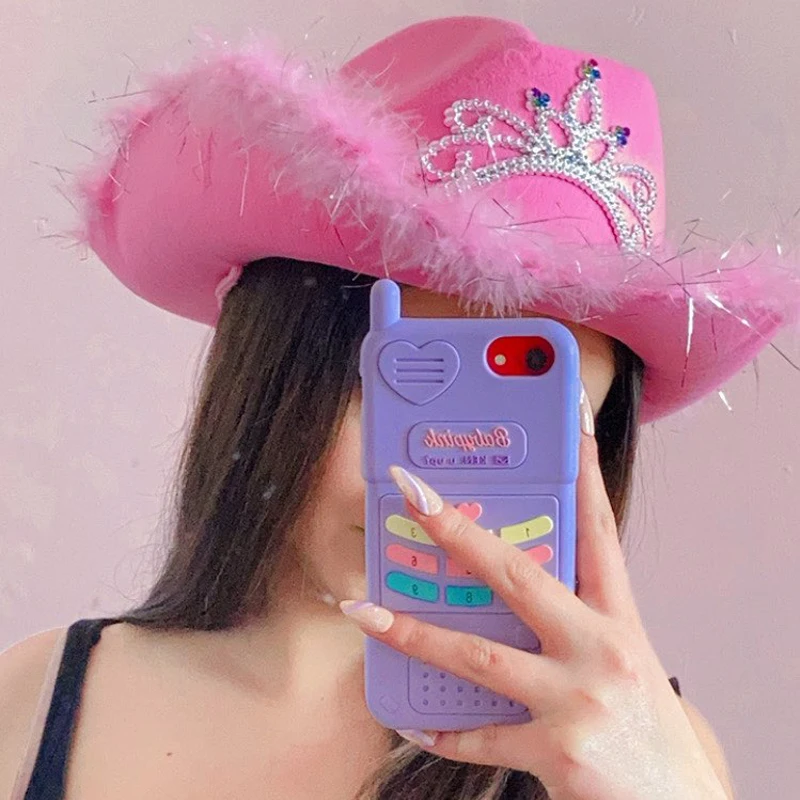 Y2k Western Style Hat Pink Women's Girls Birthday Party Caps with Feather Sequin Decoration Crown Night Club Luxury Cowgirl Hats cowgirl hats
