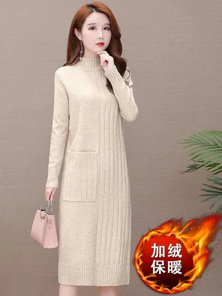 Elegant Thicken Soft Knitted Dress Loose Korean Half Turtleneck Knitwear Midi Dresses Casual Sweater Vestidos Women New Robe