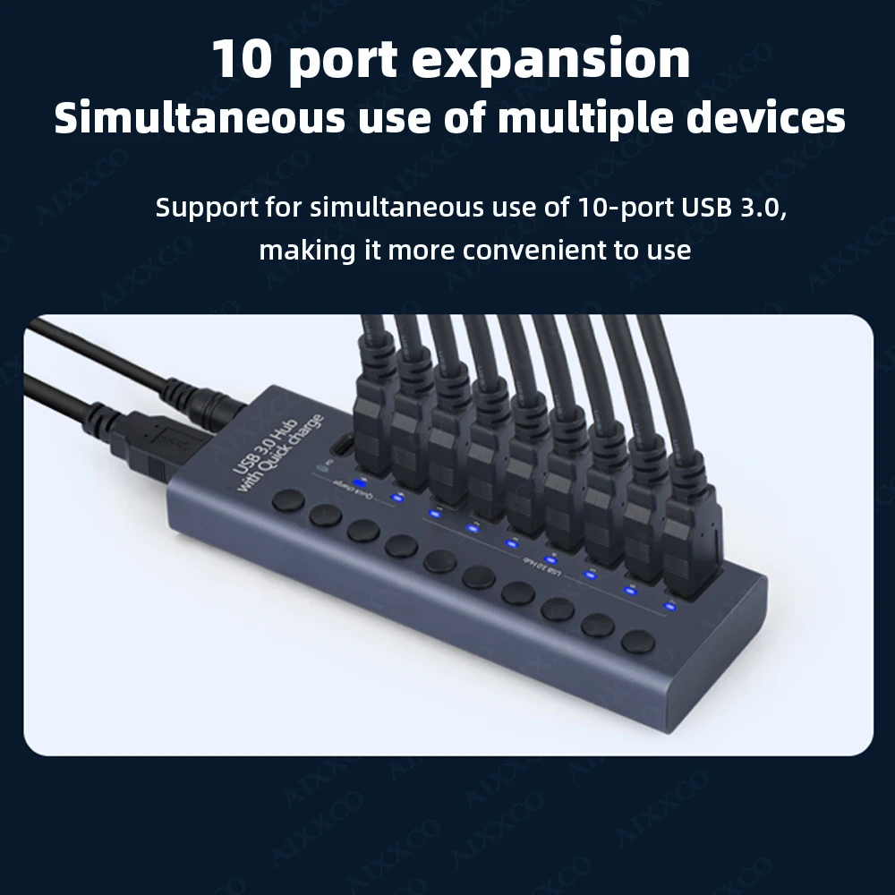 Aixxco Multi Splitter de Alta Velocidade com Interruptor Adaptador de Energia Expansor Múltiplo com Carregador pd Usb 3.0 Hub 10 Portas - Imagem 4