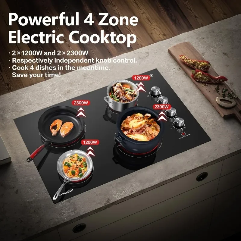 AMZCHEF 30 Inch Built-in Electric Cooktop,7000W and 4 Burners Cooktop with ETL Safety Certified,Knob Control Levels