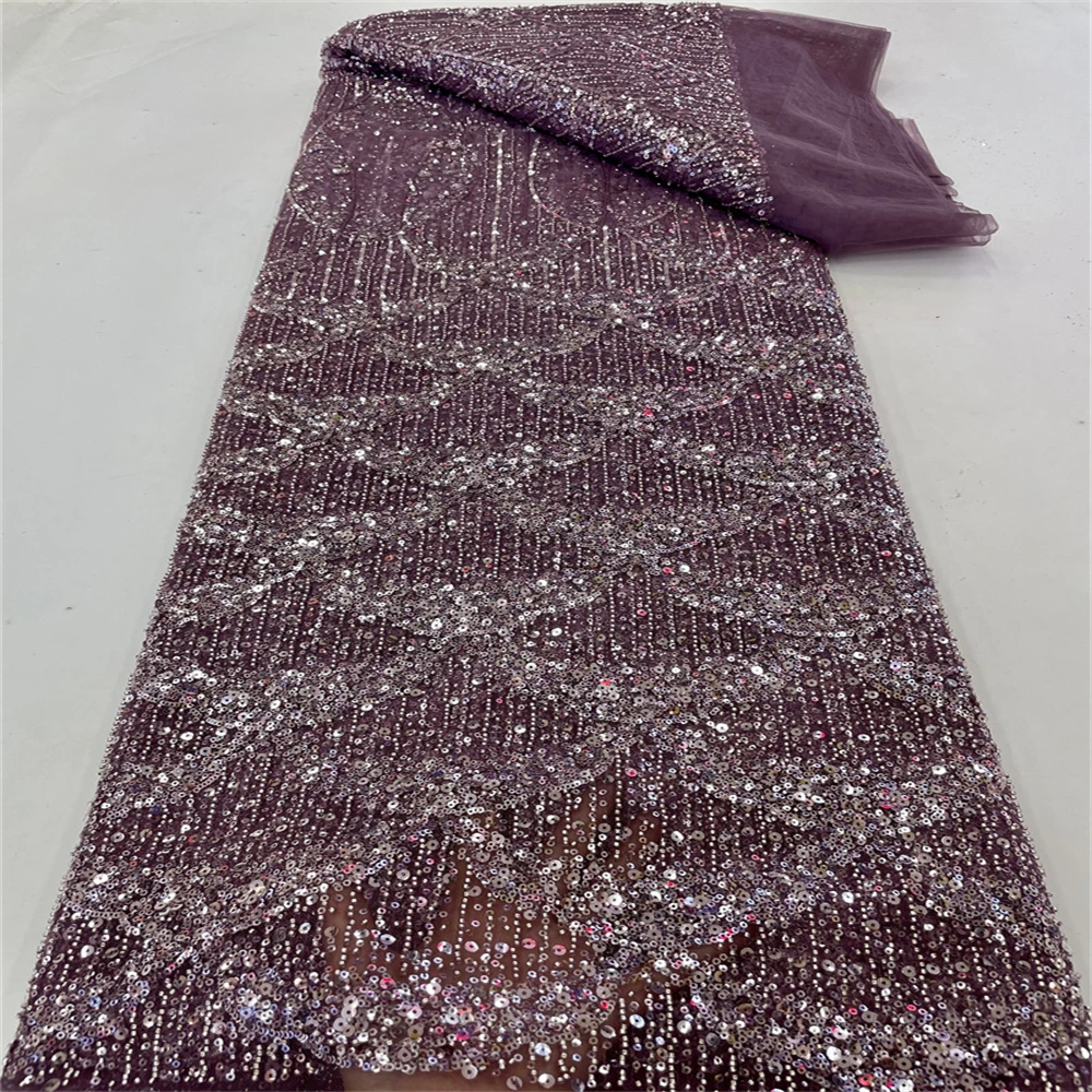 

2023 Luxury Lace Fabric 5 Yards Dubai Beaded Tulle Lace Fabric Embroidered Applique African Nigerian Fabric For Sewing FJ13403