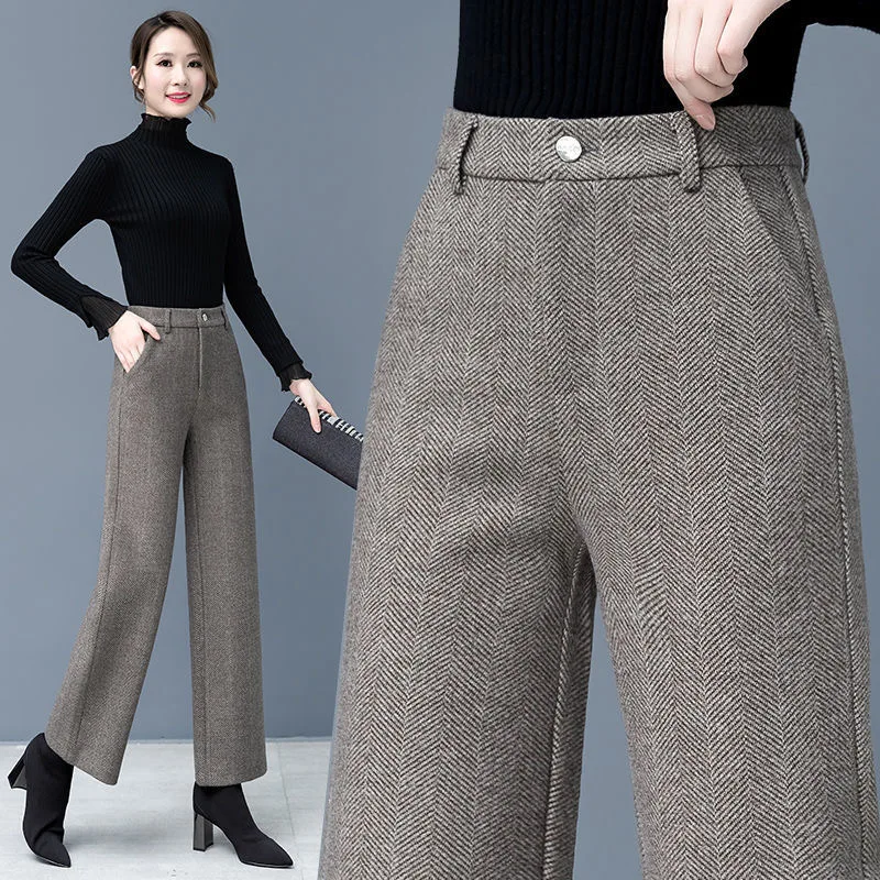Women Woolen Plaid Loose Casual Wide Leg Pants Ladies Elegant Streetwear High Waist Trousers Female Korean Straight Leg Pant