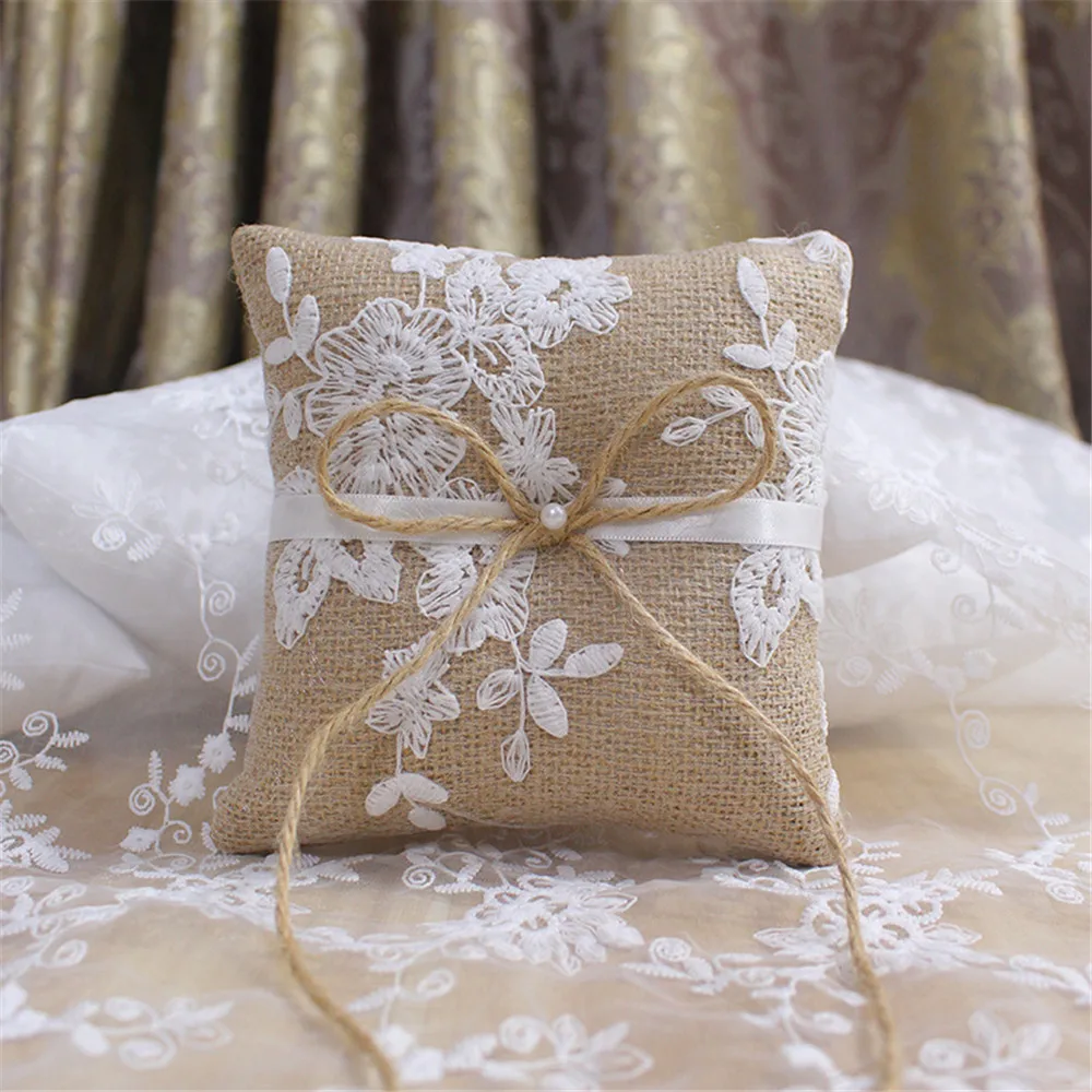 

15*15cm Bow Lace Linen Wedding Ring Box Pillow Rustic Bridal Bearer Festive Vintage Ring Pillow Wedding Supplies Proposal Props