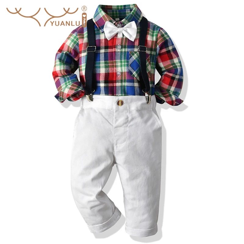 

Официальный костюм для мальчиков, удобный хлопковый костюм для мальчиков, рубашка, комбинезон, клетчатая детская одежда с бантом, от 2 до 14 лет, высокое качество