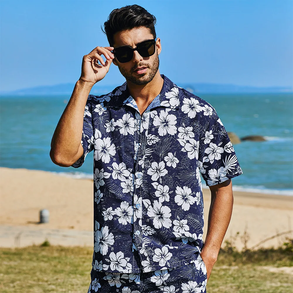 

Men's New Shirt Set Shirt Short Sleeve Hawaiian Men's Beach Blossom Loose Vacation Shirt Shorts Two Piece Set Men's Wear S