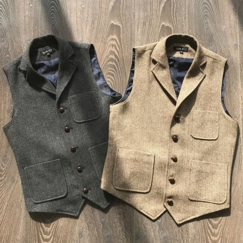 

Men Suit Vest Herringbone Tweed Single Breasted Business Slim Fit Waistcoat Casual Formal Tooling Groomman Vest