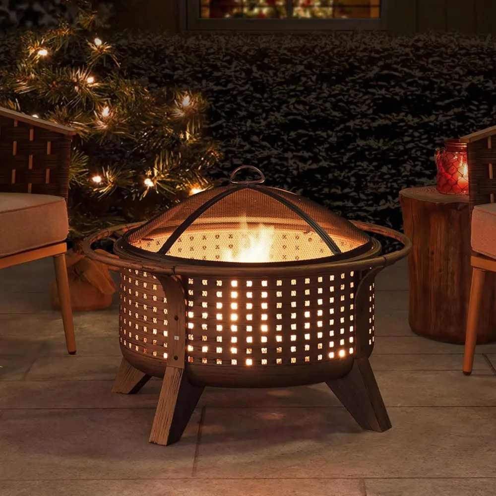 Description Picture 2 of itemFire Pit 30 in. Outdoor Wood-Burning Fire Pit, Patio Woven Round Steel Firepit Large Fire Pits for Outside with Spark Screen and