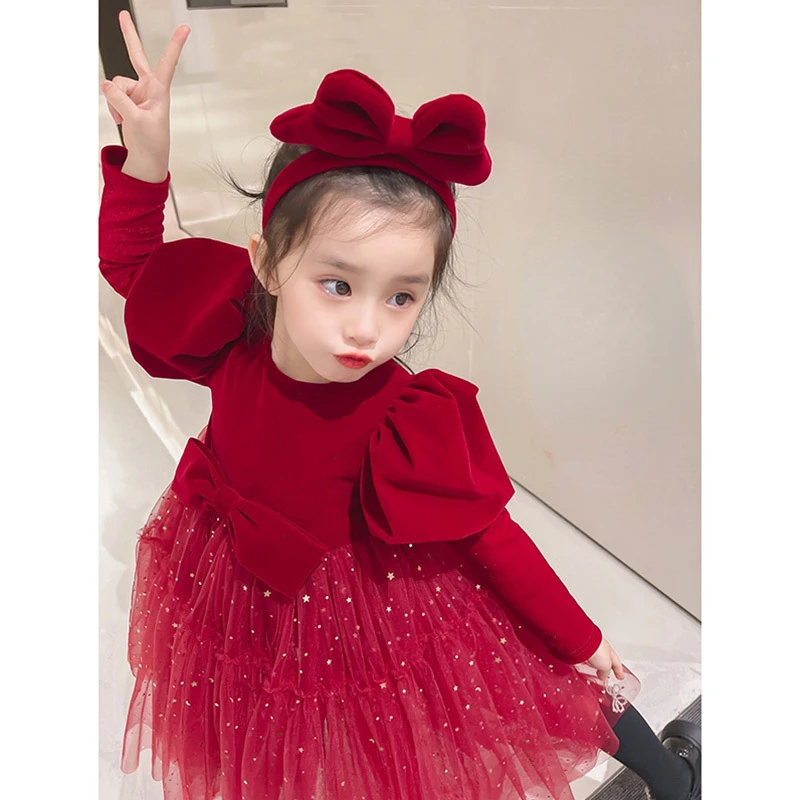 

Girls Casual Dresses Children Clothing Autumn Winter New Plush Thickening New Baby Bow Knot Round Collar Puff Sleeve